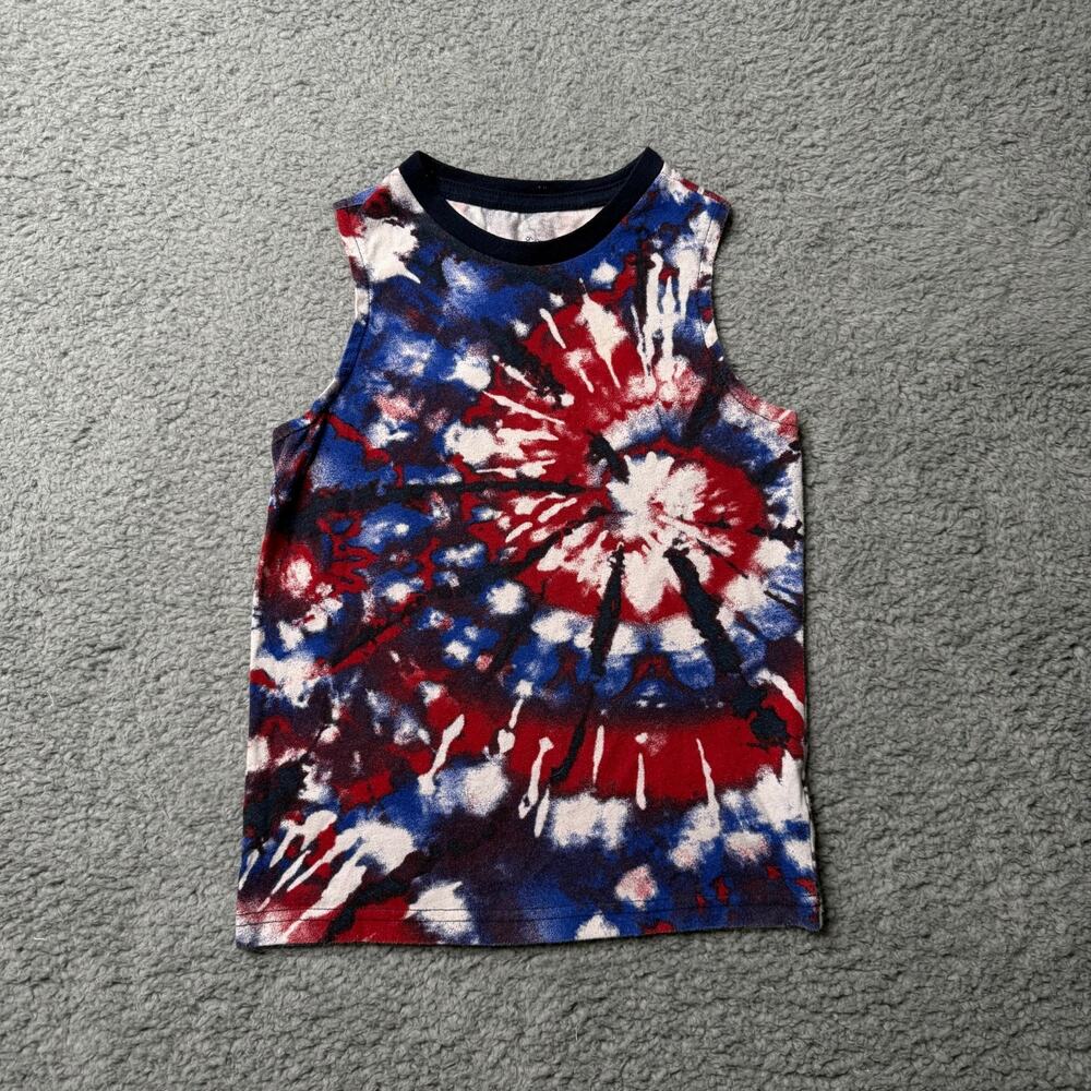 Patriotic Tie Dye Tank Top Boys XS Red White and Blue Swirl Sleeveless Top